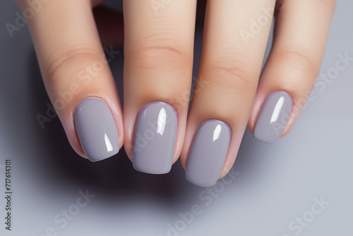 Glamour woman hand with gray nail polish on her fingernails. Gray color nail manicure with gel polish at luxury beauty salon. Nail art and design. Female hand model. French manicure.