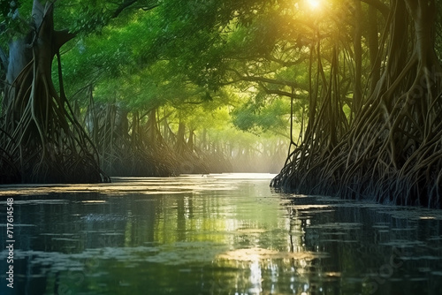 Green mangrove forest with morning sunlight. Mangrove ecosystem. Natural carbon sinks. Mangroves capture CO2 from the atmosphere. Blue carbon ecosystems. Mangroves absorb carbon dioxide emissions