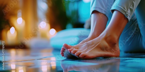 A close-up view of a person's feet resting on the floor. Can be used to depict relaxation, comfort, or a casual lifestyle