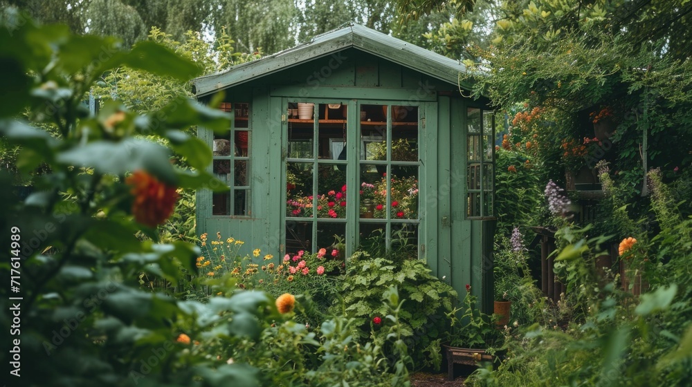 A garden shed filled with a variety of vibrant flowers. Perfect for adding a touch of nature to any project
