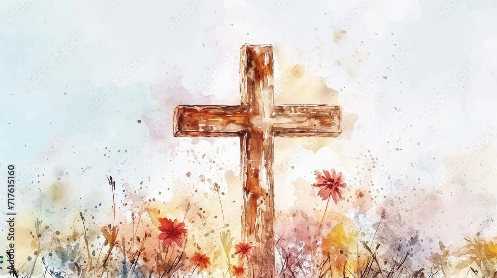 A watercolor painting of a cross surrounded by vibrant flowers. Perfect for religious or spiritual themes - obrazy, fototapety, plakaty 