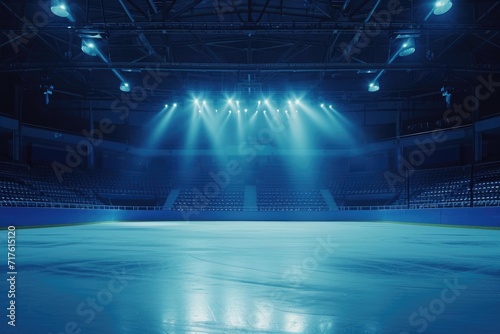 An empty ice rink with spotlights shining on the ice. Perfect for winter sports events or ice skating competitions.