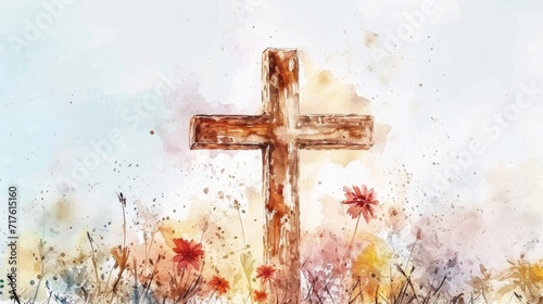 A watercolor painting of a cross surrounded by vibrant flowers. Perfect for religious or spiritual themes photo