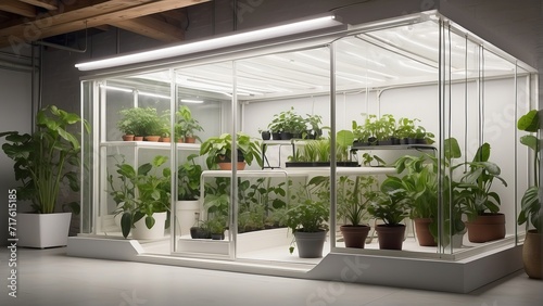 Modern Indoor Plant Greenhouse with Various Potted Plants Under Artificial Lighting in Urban Setting