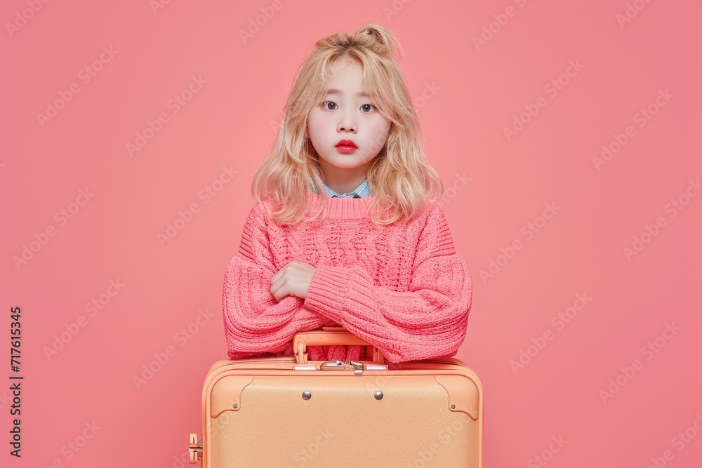 A young girl wearing a pink sweater and holding a yellow suitcase. This image can be used to depict travel, family, or childhood themes A young girl wearing a pink sweater and holding a yellow suitcase. This image can be used to depict travel, family, or childhood themes