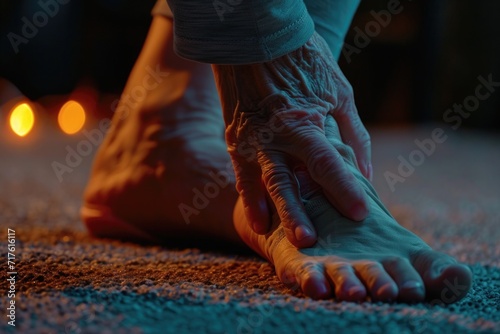 A close up view of a person's foot with a lit candle in the background. This image can be used to depict relaxation, spa treatments, or meditation