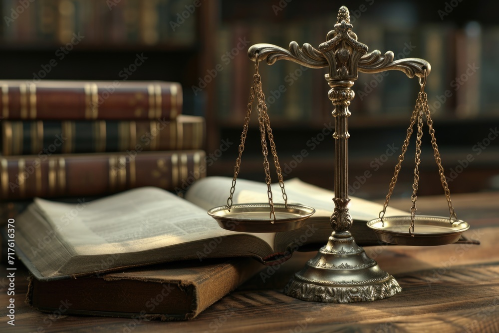 A scale of justice sits atop an open book, symbolizing fairness and equality. This image can be used to represent legal concepts, education, law books, or the pursuit of justice