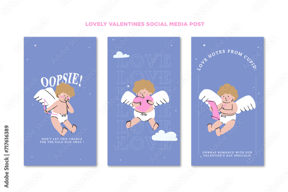 Set of hand drawn social media templates with cute cupids with different poses and facial emotions for Valentine's Day promotion in a set for banner, feed, background, card, and ads Set of hand drawn social media templates with cute cupids with different poses and facial emotions for Valentine's Day promotion in a set for banner, feed, background, card, and ads