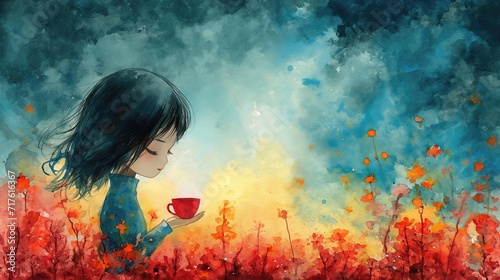watercolor grungy noise texture art, a girl drinking coffee in flower blossom field, Generative Ai