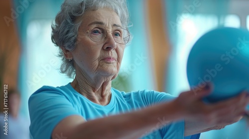 An older woman holding a blue ball. Suitable for various uses