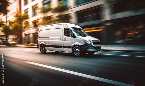 Speeding White Delivery Van in Urban Setting Captures the Fast-Paced Nature of City Logistics and E-commerce Delivery Services