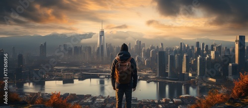 a man with a backpack standing on top of a city skyline photo