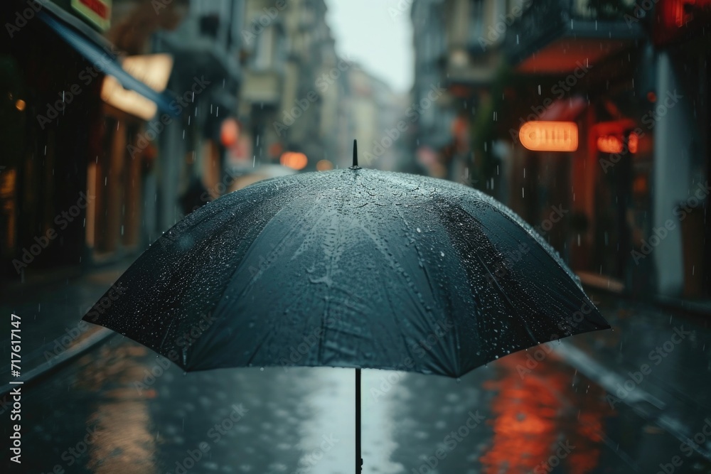 A person holding an umbrella in the rain. Perfect for weather-related projects or depicting protection from the elements