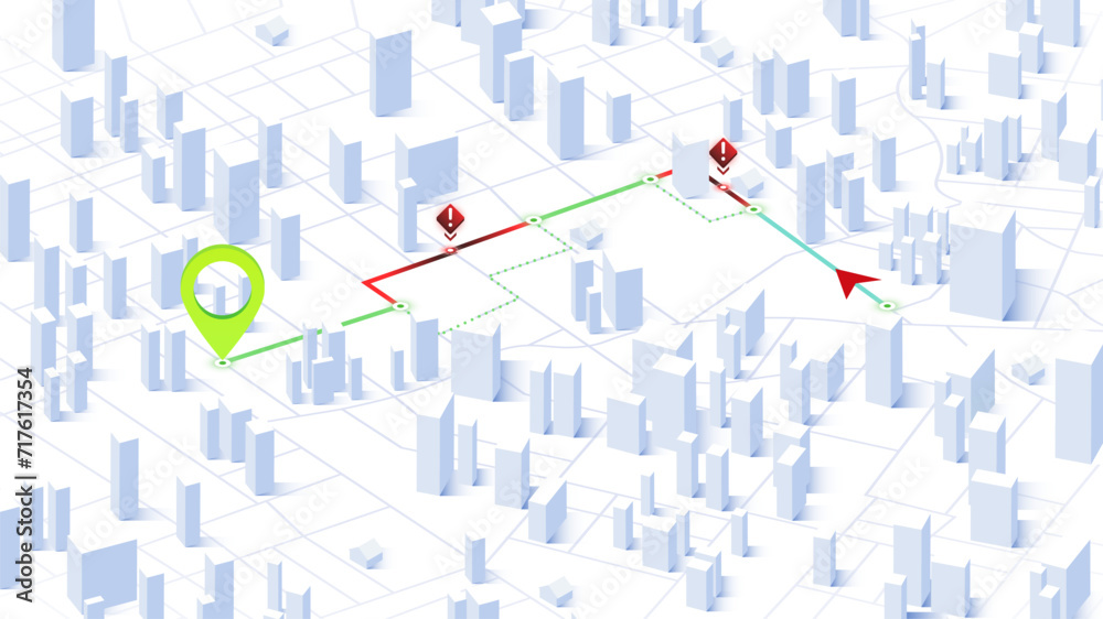 Navigation to poi. Closed turns of the route., district, road. Simple 3d isometric city. Location tracks dashboard. Generic city map with signs of streets, roads, house. Vector illustration Navigation to poi. Closed turns of the route., district, road. Simple 3d isometric city. Location tracks dashboard. Generic city map with signs of streets, roads, house. Vector illustration