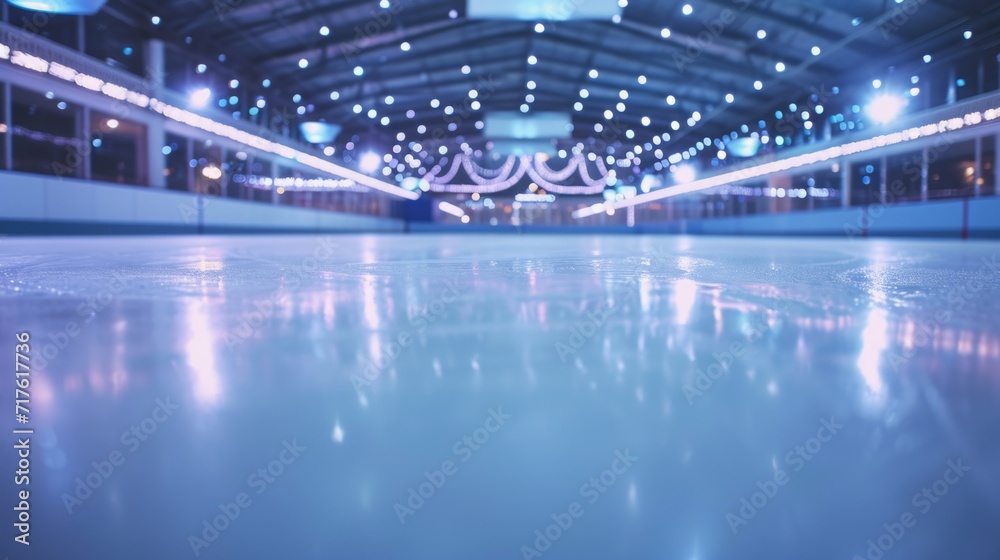 An empty skating rink with lights in the background. Perfect for winter sports or holiday-themed designs