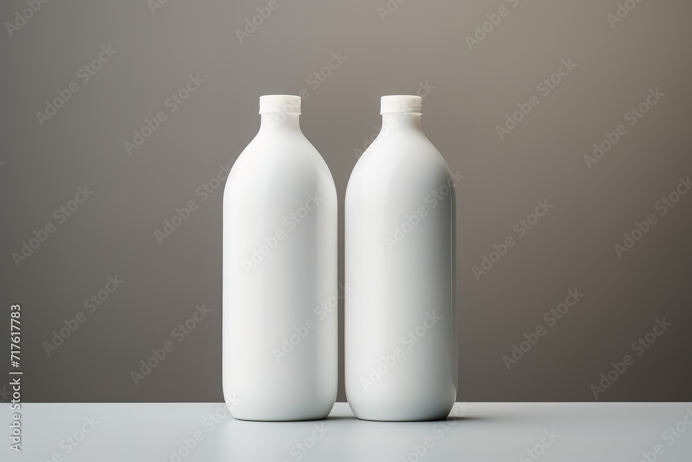 Two empty white bottles in the photo on a white table and in front of a gray wall