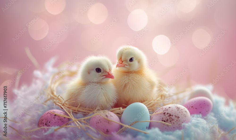 two chicks in a small basket. Pastel colored easter eggs floating around, in the style of dreamcore. two chicks in a small basket. Pastel colored easter eggs floating around, in the style of dreamcore.