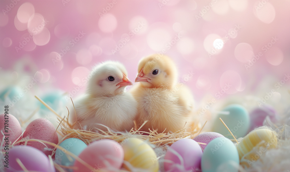 two chicks in a small basket. Pastel colored easter eggs floating around, in the style of dreamcore. two chicks in a small basket. Pastel colored easter eggs floating around, in the style of dreamcore.