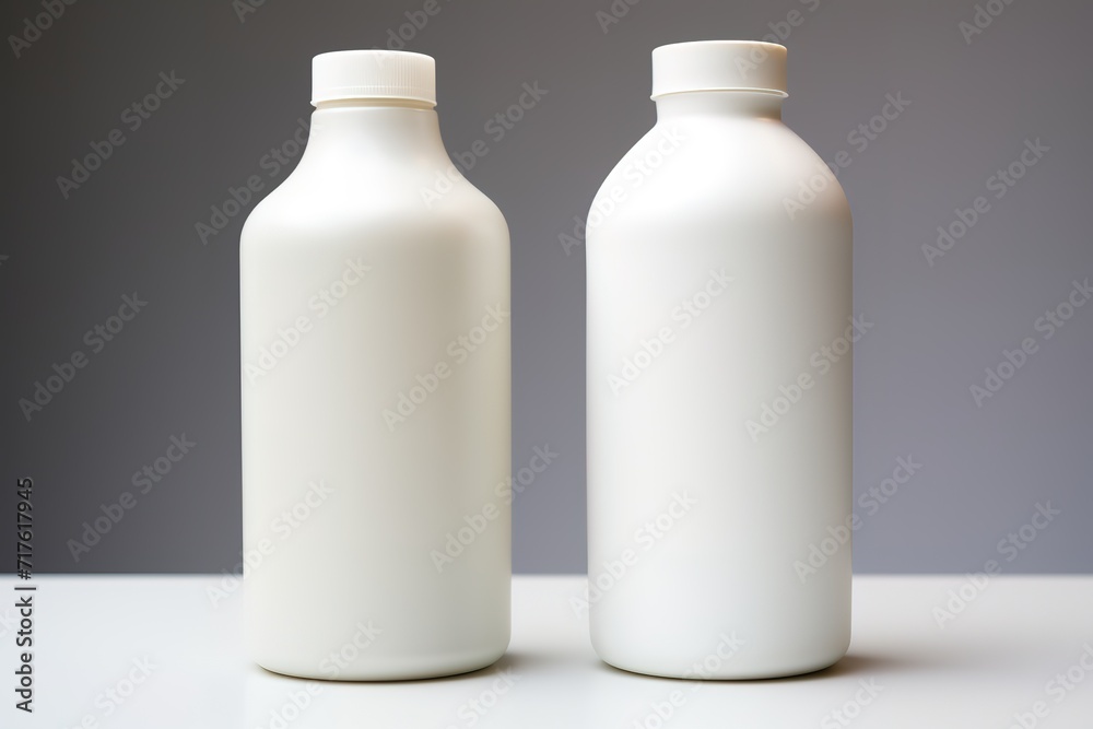 Two empty white bottles in the photo on a white table and in front of a gray wall Two empty white bottles in the photo on a white table and in front of a gray wall