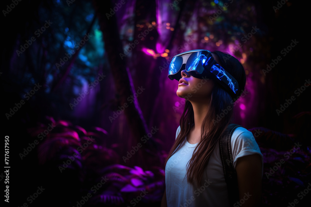 Young girl using glasses of virtual reality on dark fantasy forest background. Future technology concept. Cute girl using VR glasses in colorful night fairy forest