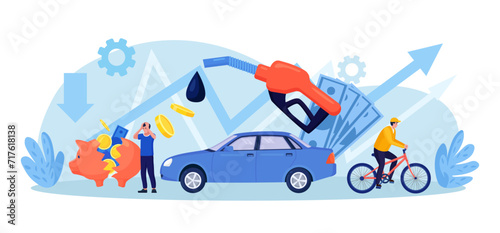 High price for car fuel. People wasting money for gasoline, changing car for bike, scooter. Fuel economy and money savings. Driver refueling auto at gas station with fuel gun