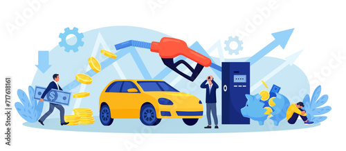 High price for car fuel. People wasting money for gasoline. Rapid growth cost petrol. Global increase rise energy prices. Fuel economy, money savings. Transport gas consumption, fossil energy crisis