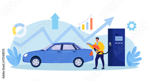 Driver refueling auto at petrol station with fuel gun. High price for car fuel. People wasting money for gasoline. Fuel economy and money savings