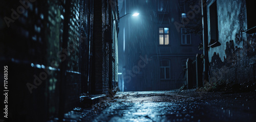A mysterious and eerie scene of a dark alleyway with a street light in the distance.