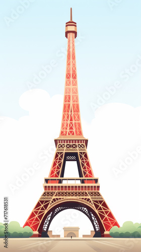 Portrait Stylized drawing of Paris Eiffel Tower close view in red and green flat colors style