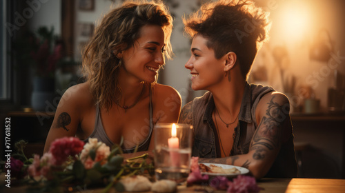 Smiling and happy Couple of women who have dinner at home with few candles and back low lightning for a romantic mood with a blurry background