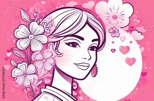 Postcard for the celebration of March 8th. International Women s Day. Beautiful woman with flowers. Happy Women s Day. Flat vector illustration