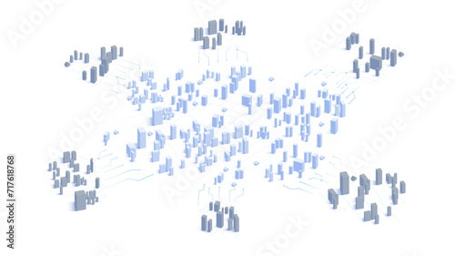 Urbanization concept, cityscape on map with interconnected lines. Encompasses the growth of urban areas. Reflects population concentration, the increasing interconnectedness of urban spaces. Vector #717618768