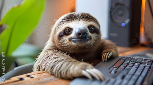 Cute funny sloth at the computer working slowly in the office, front view
