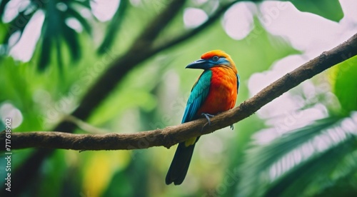 colored beautiful bird sitting on the tree in the jungle, colored wild bird, colored wild bird sitting on the branch of tree in jungle