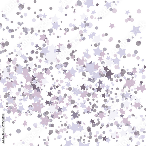 Stars purple glitter confetti isolated on blurred abstract white background. Festive holiday background. Celebration concept. Falling magic gold particles. Invitation mock up. Top view, flat lay