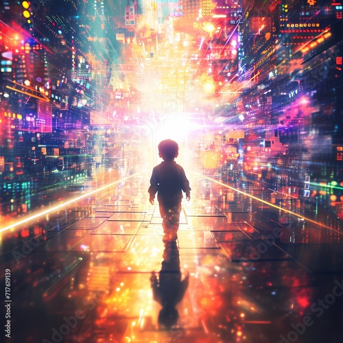 child is walking forward towards the light, all technology with the right and left side background of internet holograms