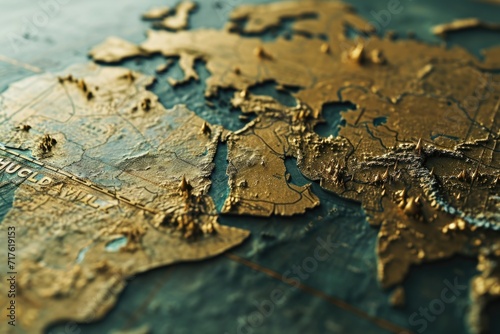 A detailed close-up view of a map of the world. Suitable for various uses