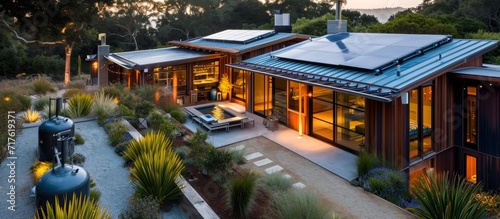 Houses with rooftop solar heaters and tanks. photo