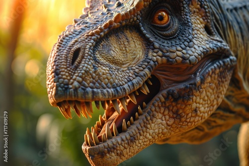 A detailed close-up image of a dinosaur with its mouth wide open. This picture can be used to depict the fierce and powerful nature of dinosaurs