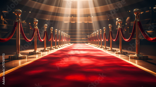 Red carpet staircase with smoke and spotlights, holiday awards ceremony event photo