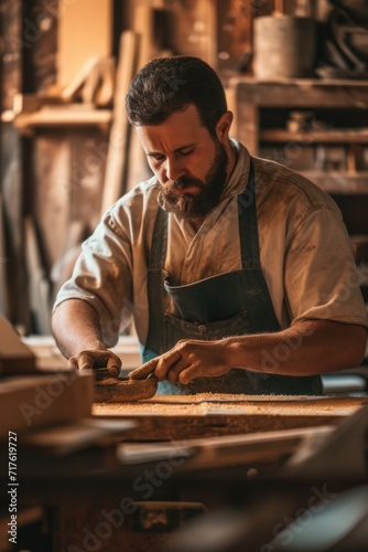 A man is seen working on a piece of wood in a workshop. This image can be used to showcase craftsmanship and woodworking skills