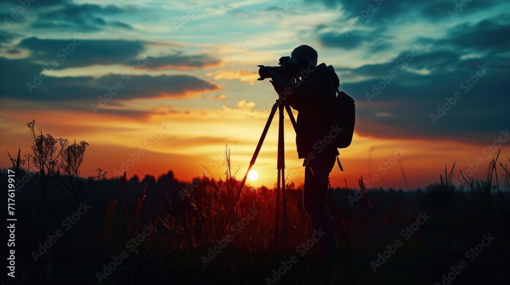 A person with a camera capturing the beauty of a sunset in a field. Perfect for showcasing the golden hour and nature photography.