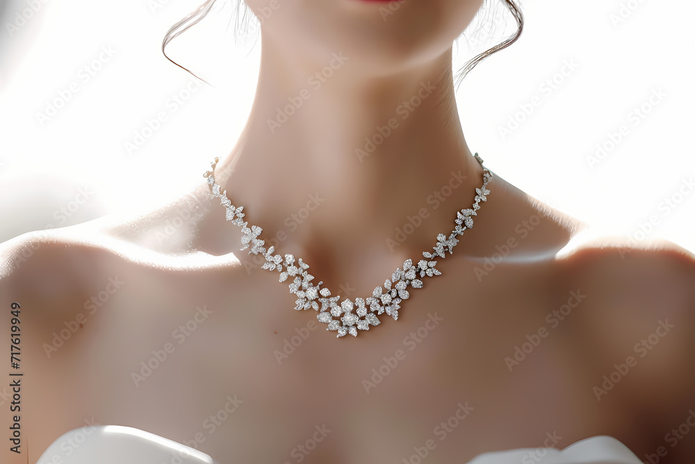 Elegant woman adorned in diamond showcasing beauty and glamour with a pearl necklace, emphasizing fashion, jewelry, and luxury