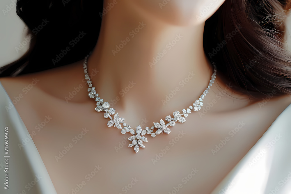 Elegant woman adorned in diamond showcasing beauty and glamour with a pearl necklace, emphasizing fashion, jewelry, and luxury