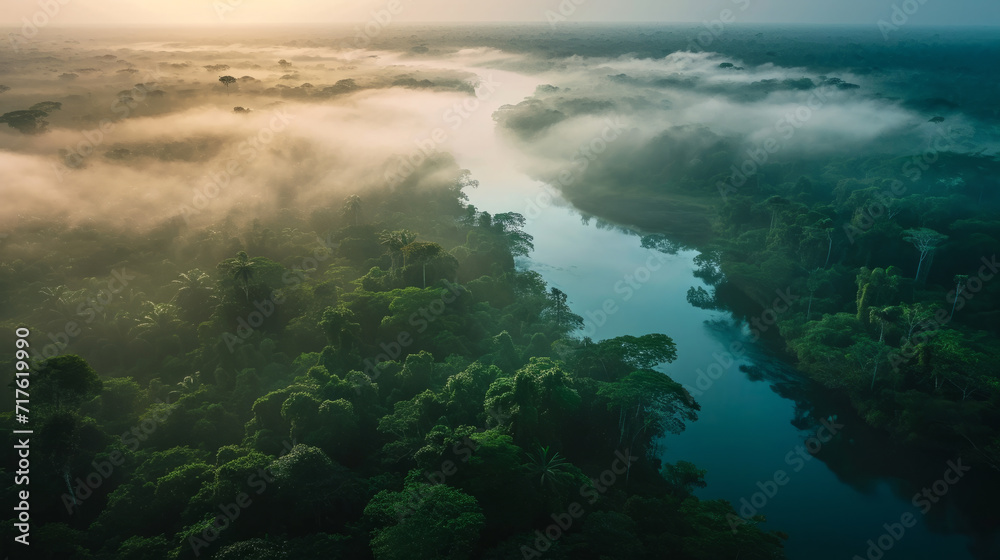 Aerial landscape view of a very dense jungle with a large river and some hazy zones just above the highest trees in the morning light
