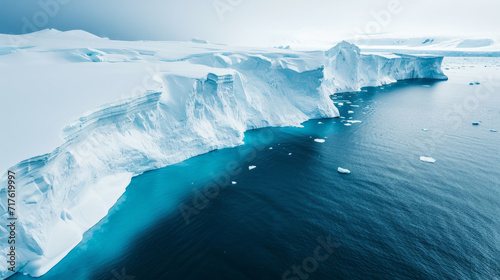 Aerial Wide view of the edge of the ice floe with the bluish zone just under the surface into a dark blue ocean with a hazy sky