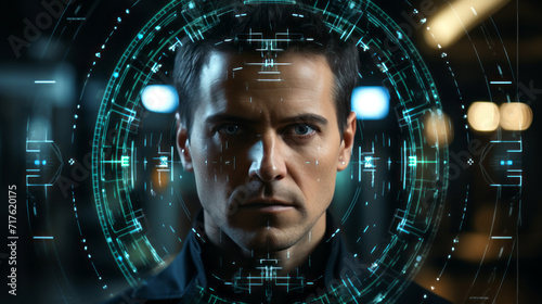 Futuristic Virtual Interface control system with spherical thin green lines network around a caucasian Man front face with short black hair and blurry dark background
