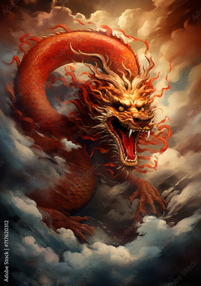 Painting of a Red and Gold Traditional Chinese Dragon roaring in the