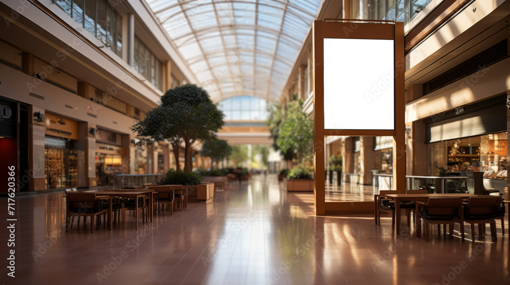 Tall White board with wood frame on the right of a Shopping mall walk with empty tables and day light from glass roof and without people
