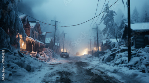 Snowy deserted small town with remains and some wild fire along the empty main street with smoke and deep fog
